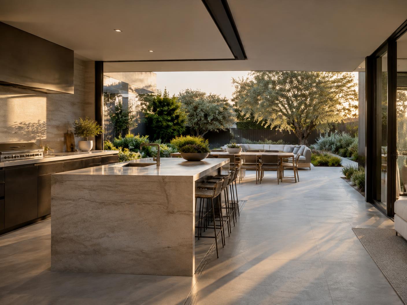 Outdoor kitchen opening to a landscaped garden